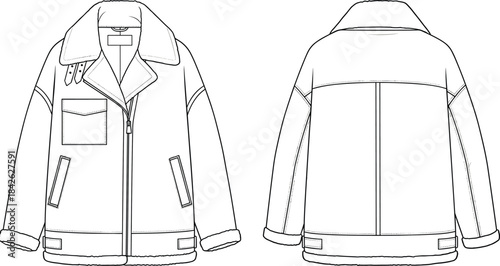 Oversized Shearling Aviator Jacket Flat Sketch Technical Fashion Illustration Template Drawing for Women's Streetwear Outerwear and Winter Garment Design Mockup Vector.