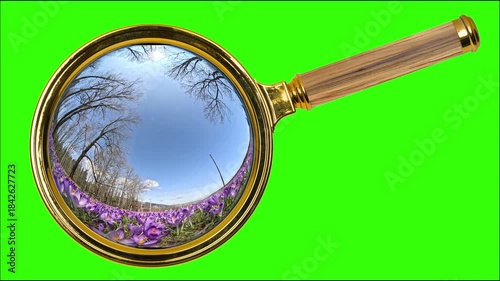 Studying and researching saffron flowers using a magnifying glass on a green screen