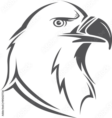 A black and white drawing of an eagle with its head turned to the side