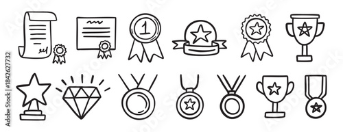 medal honor award related doodle hand drawn icon set. Outline drawing winner line clipart symbol collection