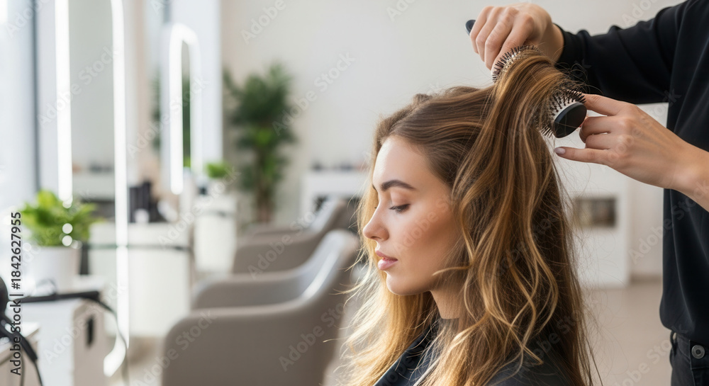 Fototapeta premium Professional hairstylist expertly blow-drying beautiful woman's long blonde hair for stunning salon style transformation