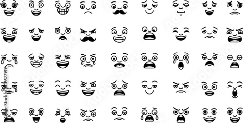 Cartoon retro faces. Vintage emotional face with mascot characters funny faces , eyes and mouths elements