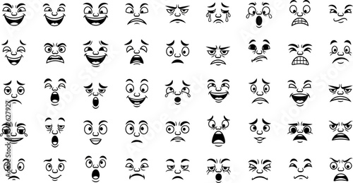 Cartoon retro faces. Vintage emotional face with mascot characters funny faces , eyes and mouths elements