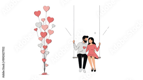 Harmony of Hearts: A heartwarming illustration depicts a couple embracing on a swing, surrounded by floating heart balloons, symbolizing love and togetherness. 