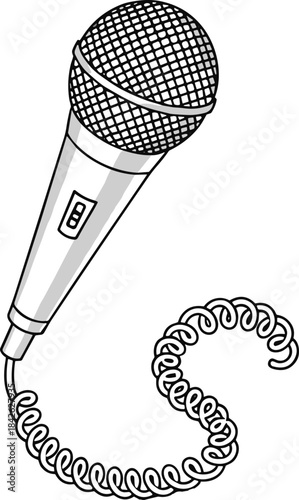 Wired Handheld Dynamic Microphone with Coiled Cable Illustration, Singing, Speech, Karaoke, Music, Performance, Recording, Broadcasting, Vector, Outline