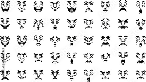 Cartoon retro faces. Vintage emotional face with mascot characters funny faces , eyes and mouths elements