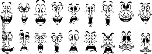 Cartoon retro faces. Vintage emotional face with mascot characters funny faces , eyes and mouths elements