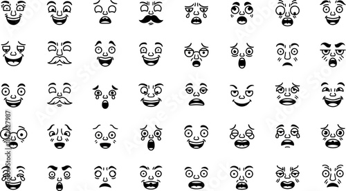 Cartoon retro faces. Vintage emotional face with mascot characters funny faces , eyes and mouths elements