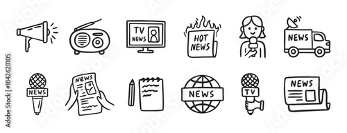 Set of hand drawn news media icons, TV journalism and press sketch style elements collection
