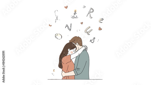 Caring Embrace: In this warm illustration, a tender embrace between two individuals with a backdrop of floating letters and hearts, signifying a bond and love. 