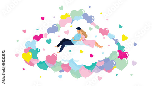 Cuddle in Love Cloud: A loving couple reclines within a cloud of hearts and balloons, embracing a world of love, hope, and tenderness. 