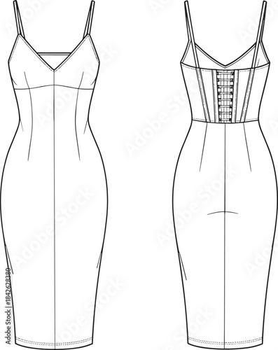 Sleeveless Midi Dress Bodycon Corset-Back Flat Sketch Technical Fashion Illustration Template Drawing for Women's Evening Partywear and Premium Garment Design Mockup Vector.