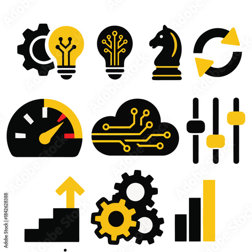 Modern vector icon set for business and technology, depicting innovation, strategy, data management, performance, and process optimization in digital solutions and growth