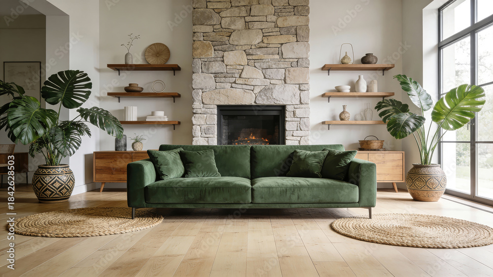 Obraz premium Modern interior design of living room with fireplace, cozy sofa, beautiful decoration, exotic plants. Contemporary design