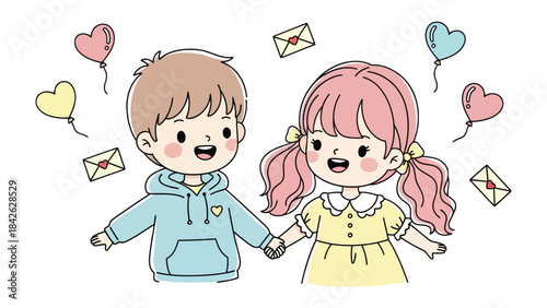 Childhood Friendship: A vibrant depiction of two smiling children, hand-in-hand, surrounded by heart-shaped balloons and letters.