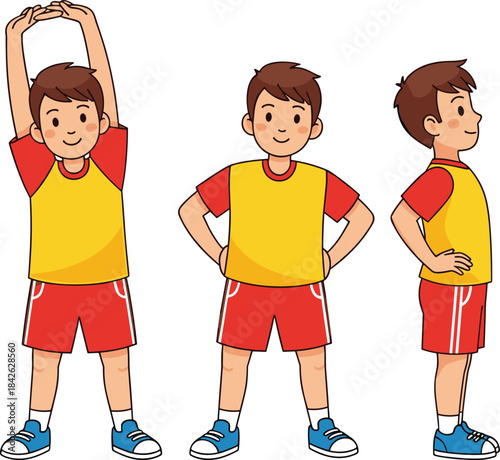 Young Boy in Exercise Poses, Front, Side View, and Overhead Stretch Illustration, Fitness, Physical Education, Health, Posture, Vector