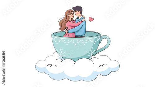 Love's Embrace in the Sky: Two lovers share a tender embrace, nestled within an oversized teacup perched atop a cloud, symbolizing their dreamy affection. 