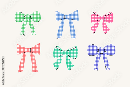 Colored checkered bows. Vector illustration on isolated background. Check Ribbons tied in knot, corners. Hand drawn design for card, invitation, birthday card, bachelorette party. Festive cute decor