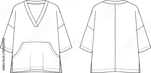 Women's V-Neck Cropped Blouse Fashion Flat Sketch Technical Vector Drawing Template with Oversized Fit, Dolman Sleeves, Front Kangaroo 