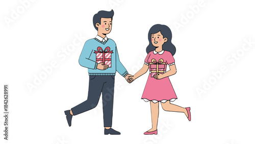 Gift of Romance: A lovely pair, locked in an intimate moment, steps forward together, each grasping a carefully wrapped present, a promise of shared joy and tender affection. 