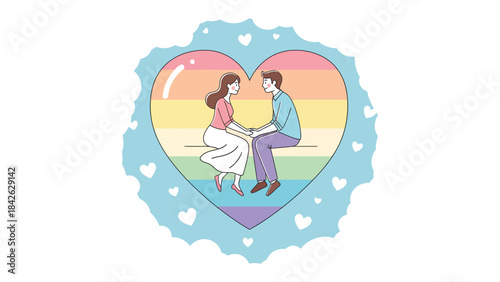 Love's Rainbow Embrace: A heartwarming depiction of a couple sharing a moment of tender connection. Their love, symbolized by a vibrant heart filled with the colors of the rainbow, represents unity.