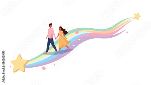 Love's Guiding Star: A couple strides along a rainbow path towards a bright future. A hopeful and vibrant image of romance and dreams.