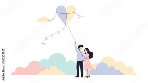 Heart-shaped Kite with a loving couple: A romantic duo launches a heart-shaped kite high in the sky. It's a whimsical expression of love and shared adventure in the open air.