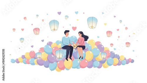 Sky Lanterns and Sweethearts: A tender scene unfolds as a couple, nestled among pastel balloons, releases sky lanterns, their love celebrated by floating hearts and a starlit ambiance. 