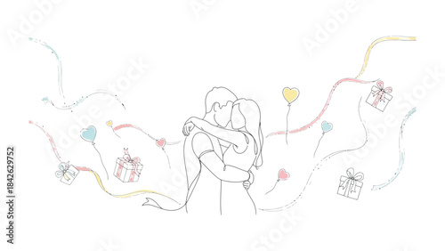 Embracing Together: A tender embrace between two individuals, framed by soft lines and floating symbols of love and generosity, represents the essence of human connection.
