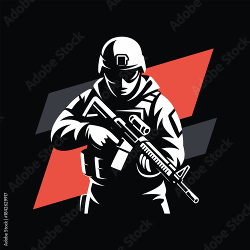 Soldier in tactical gear holding a rifle with red and blue shapes