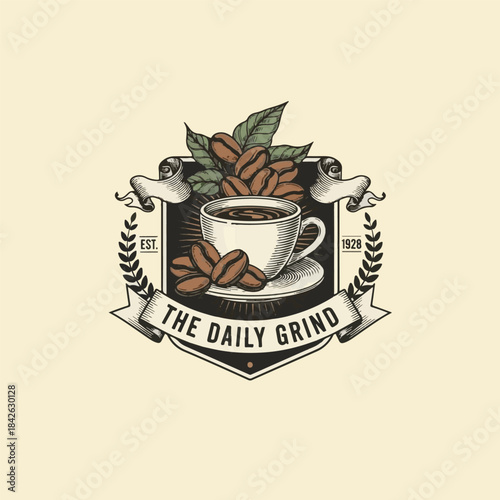 Classic Coffee Roast Crest with Cup, Beans, and Ribbon Design