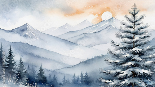 The folded silence - a series of blue ridges fading into the cold light, overseen by a frosted giant beneath the brief, warm blush of the winter sun