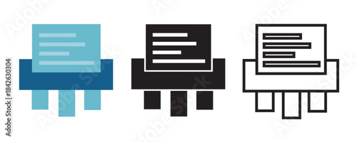 Paper shredder icon set in flat, solid, and outline styles. document destruction machine symbol for security, privacy, office management, and data protection themes.