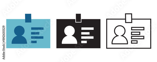 ID card icon set with flat, solid, and outline styles. identification badge symbol for employee profile, security access, corporate identity, and business verification systems.
