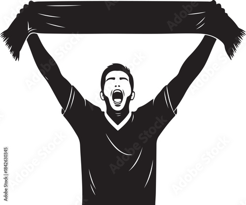 Sports Fan Silhouette Set: Flag and Scarf Holder Vector

Black and White Supporter Graphic: Cheering Athlete and Star Flag

High-Quality Silhouette of Football Fan with Scarf and Pennant
