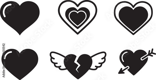 Heart Icon Set Vector: 15 Romantic Love Symbols and Broken Hearts

Valentine's Day Icon Pack: Cupid's Arrow, Wings, and Broken Heart

Black Silhouette Heart Collection: Digital Love and Emotion Glyphs