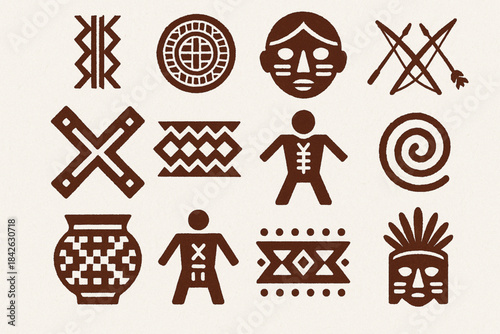 Venezuelan indigenous culture icons in flat vector grid with rugged torn texture on white background