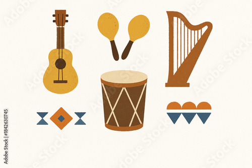 Venezuelan music icons in flat vector grid with rugged torn texture on white background
