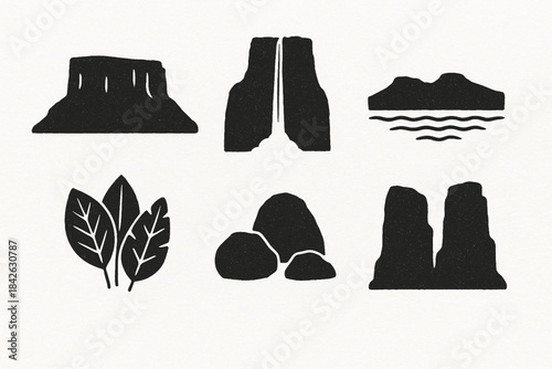 Venezuelan natural wonders icons in flat vector grid with rugged torn texture on white background