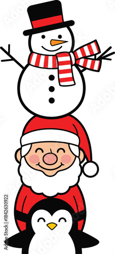 A cheerful Christmas character stack with a snowman Santa Claus and a penguin in a vertical totem.