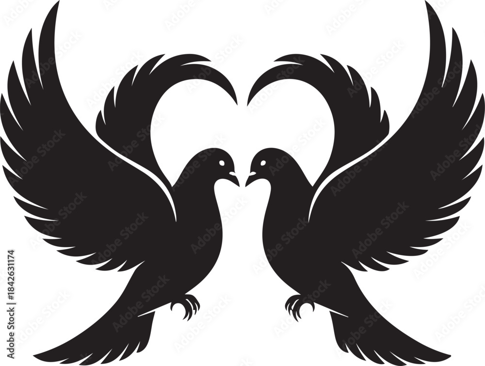 Obraz premium Love Doves Silhouette: Wings Forming a Heart Vector IconRomantic Wedding Pigeons: Black and White Love Bird GraphicTwo Flying Doves Symbol: High-Quality Peace and Love Emblem