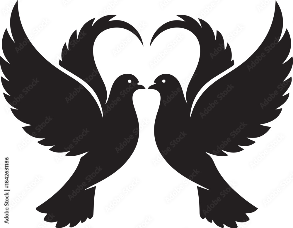 Obraz premium Love Doves Silhouette: Wings Forming a Heart Vector IconRomantic Wedding Pigeons: Black and White Love Bird GraphicTwo Flying Doves Symbol: High-Quality Peace and Love Emblem