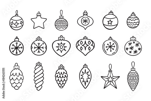 Assorted Christmas ornaments line art clipart set with balls, stars and pine cones, monochrome collection, hand drawn.