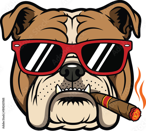 A cool cartoon bulldog head with red sunglasses smoking a large lit cigar.