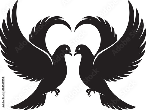 Love Doves Silhouette: Wings Forming a Heart Vector Icon

Romantic Wedding Pigeons: Black and White Love Bird Graphic

Two Flying Doves Symbol: High-Quality Peace and Love Emblem