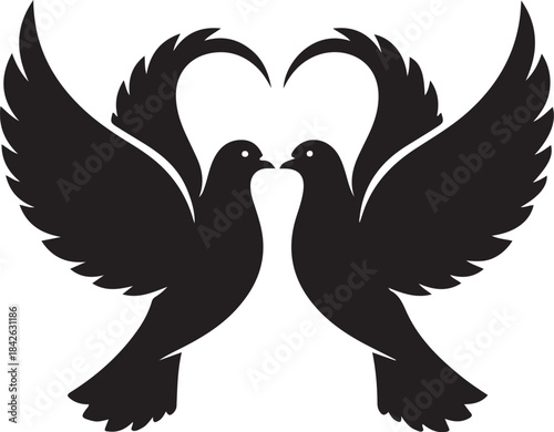 Love Doves Silhouette: Wings Forming a Heart Vector Icon

Romantic Wedding Pigeons: Black and White Love Bird Graphic

Two Flying Doves Symbol: High-Quality Peace and Love Emblem