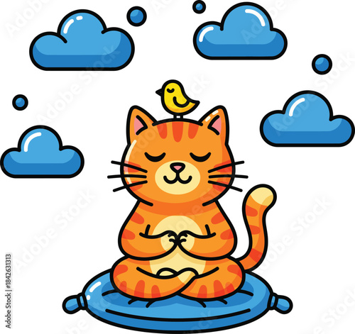 A cute orange tabby cat meditating peacefully in a lotus pose with a small yellow bird on its head.