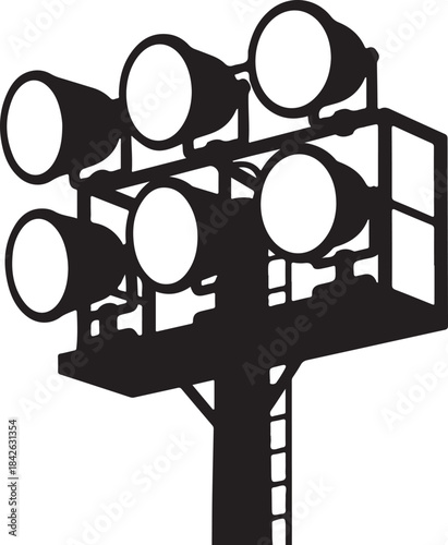 Stadium Floodlight Silhouette Vector: Sports Arena Lighting Icon

Black and White Searchlight Tower Graphic: Minimalist Lighting Mast

High-Quality Silhouette of Stadium Spotlights on Pole