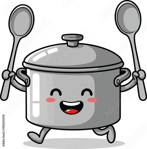 A cute kawaii cooking pot character with a happy face running and holding two large spoons.