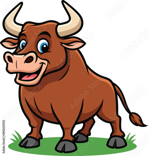 A friendly muscular brown cartoon bull with big blue eyes and a cheerful smile standing confidently.